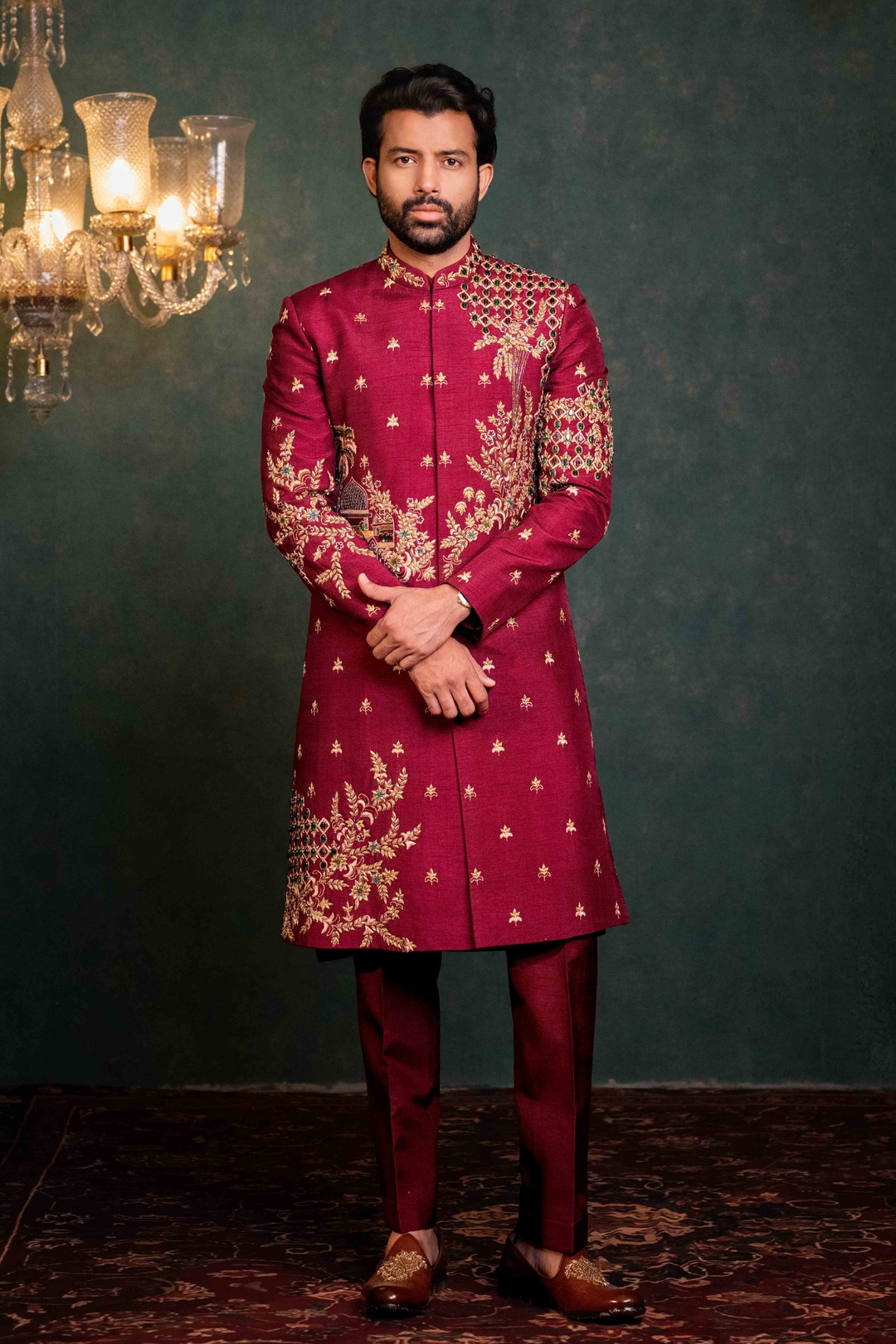 Maroon - Zardoshi & Stones - Dupion - Indo Western – Image 1