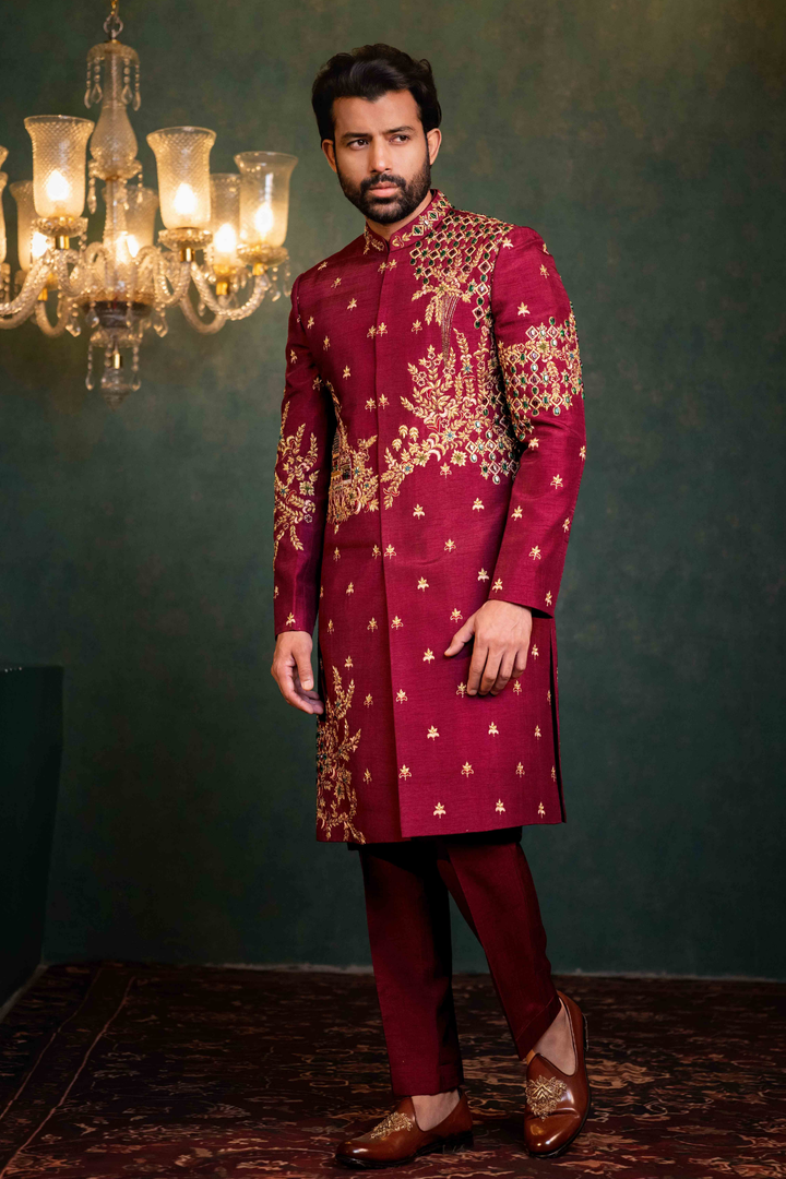 Maroon - Zardoshi & Stones - Dupion - Indo Western