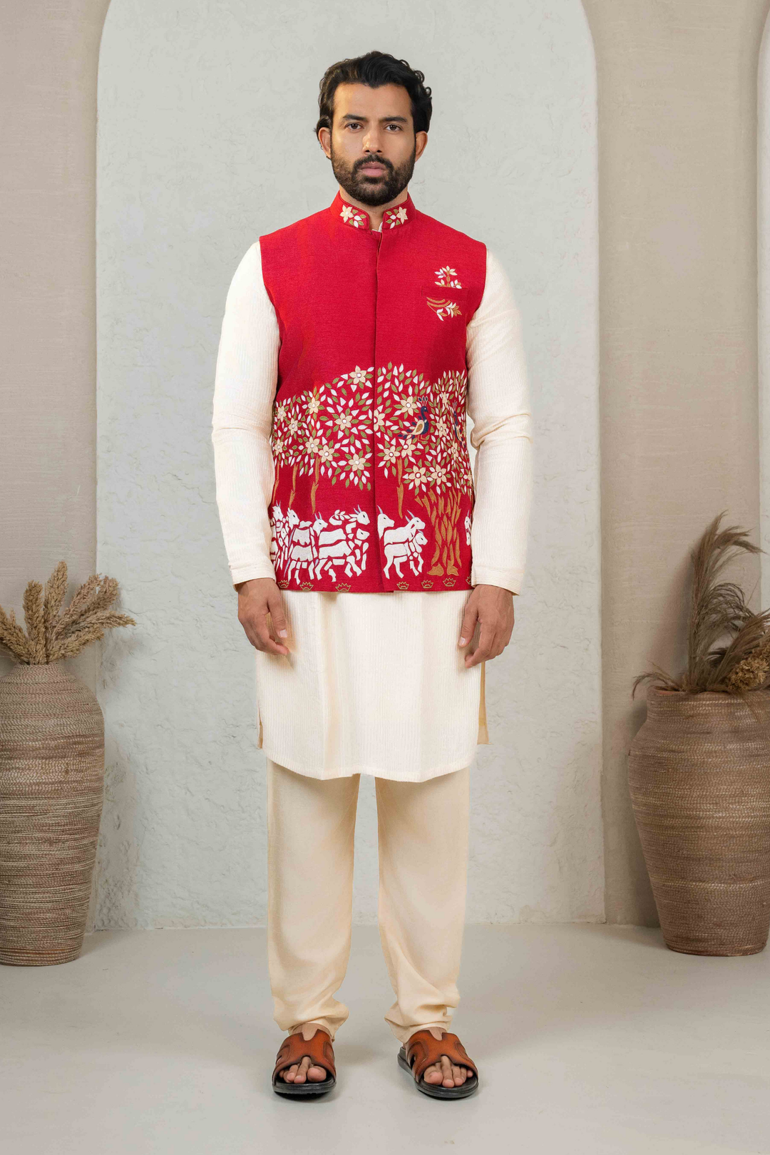 Maroon & Ivory - Machine Work - Raw Silk & Dupion - Koti Set – Image 1