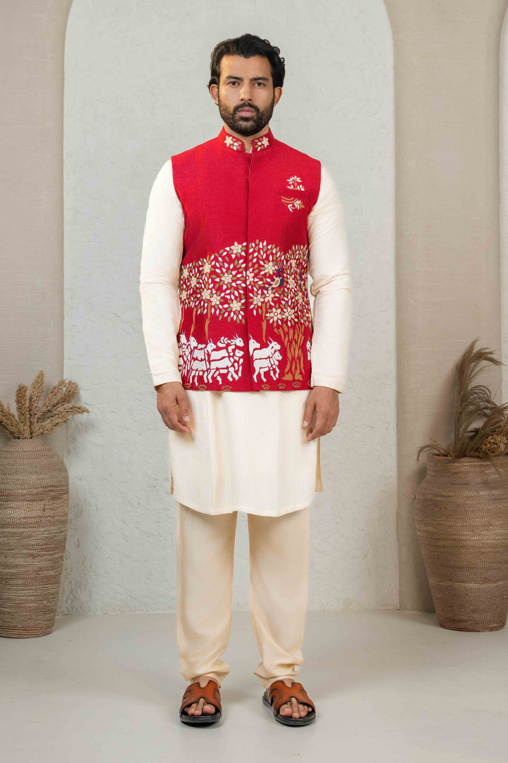 Maroon & Ivory - Machine Work - Raw Silk & Dupion - Koti Set