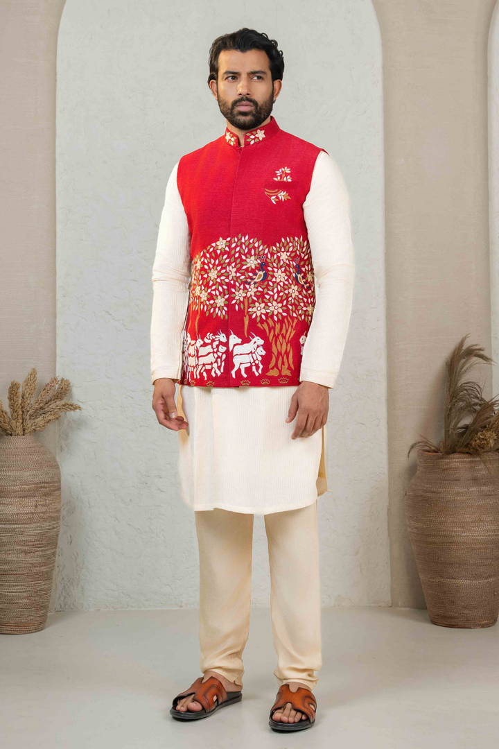 Maroon & Ivory - Machine Work - Raw Silk & Dupion - Koti Set
