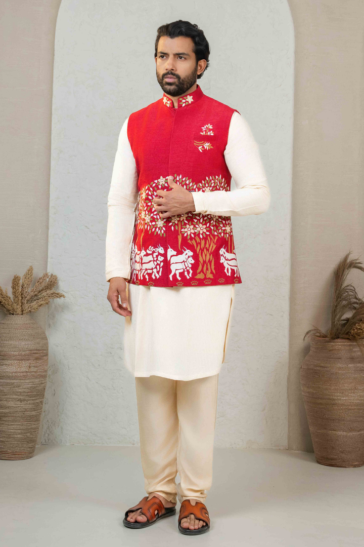 Maroon & Ivory - Machine Work - Raw Silk & Dupion - Koti Set