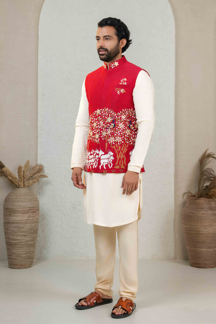 Maroon & Ivory - Machine Work - Raw Silk & Dupion - Koti Set