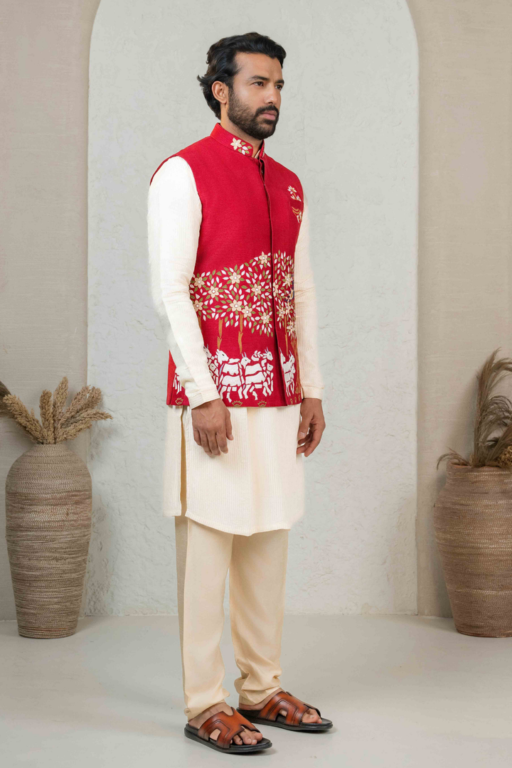 Maroon & Ivory - Machine Work - Raw Silk & Dupion - Koti Set