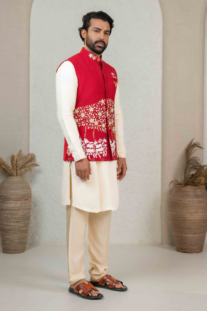 Maroon & Ivory - Machine Work - Raw Silk & Dupion - Koti Set
