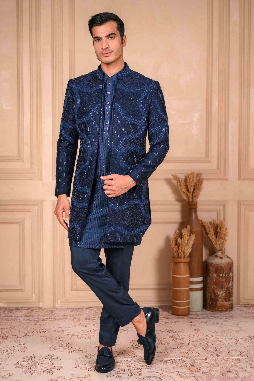Navy Blue Indo-Western And Kurta Set – Image 1