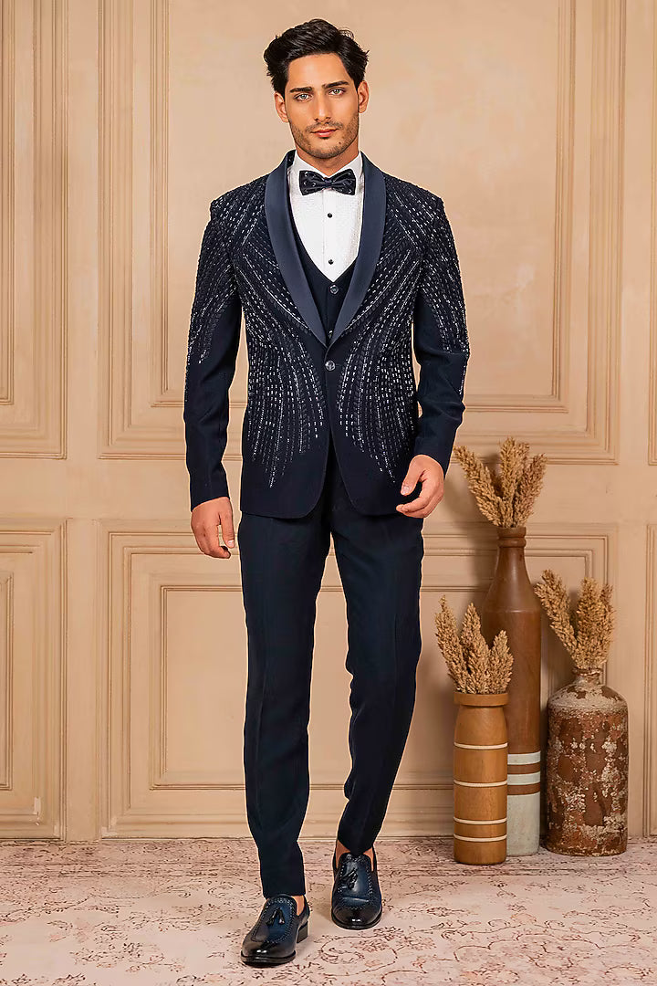 Navy Blue Tuxedo Set with Foliage Embroidery