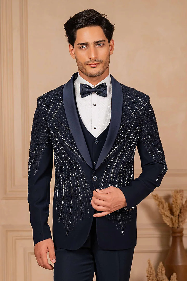 Navy Blue Tuxedo Set with Foliage Embroidery – Image 2