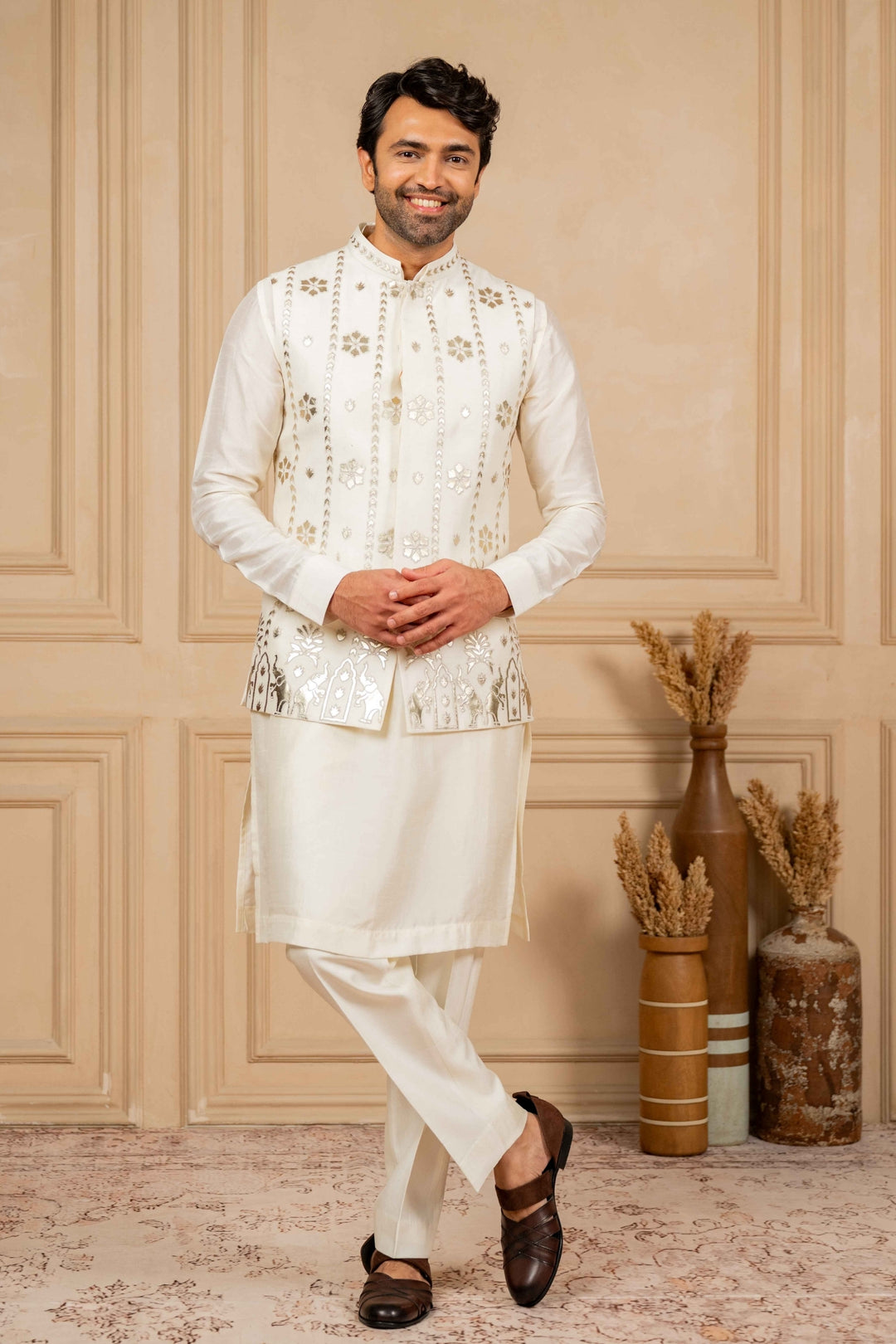 Off-White Jacket Kurta Set with Embroidery