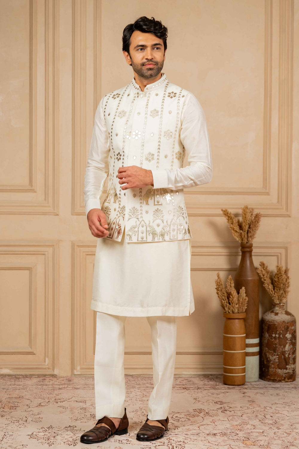 Off-White Jacket Kurta Set with Embroidery