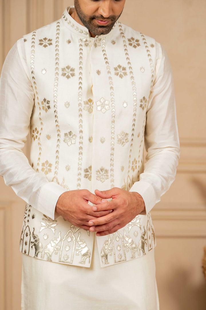 Off-White Jacket Kurta Set with Embroidery