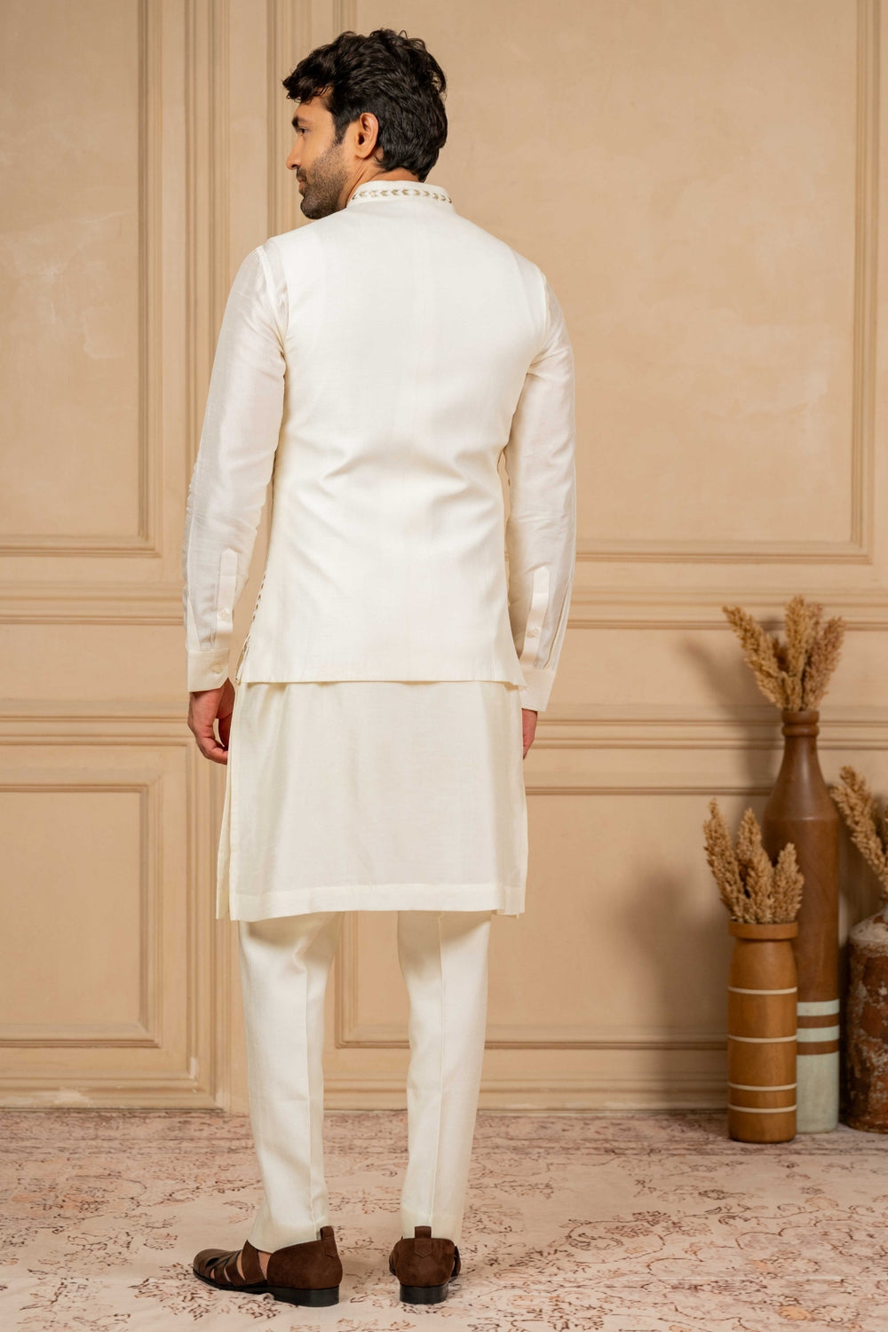 Off-White Jacket Kurta Set with Embroidery