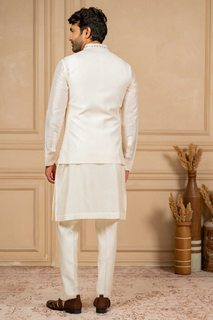 Off-White Jacket Kurta Set with Embroidery