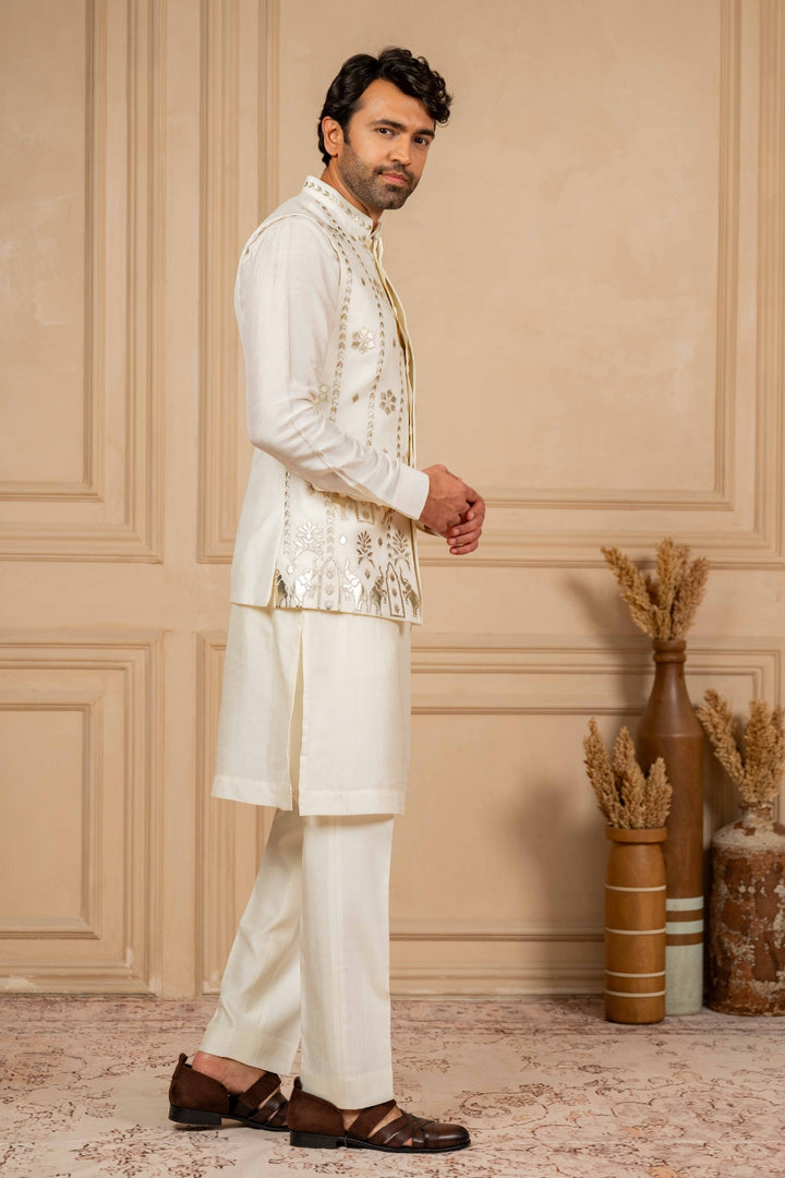 Off-White Jacket Kurta Set with Embroidery