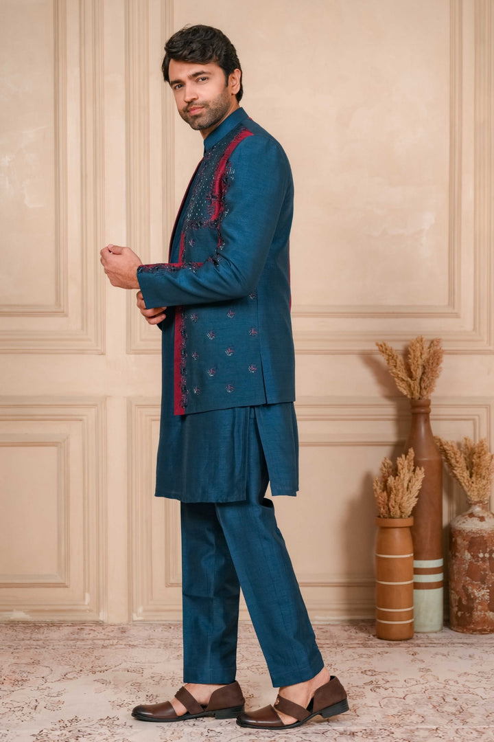 Oxford Blue And Red Jodhpuri Set