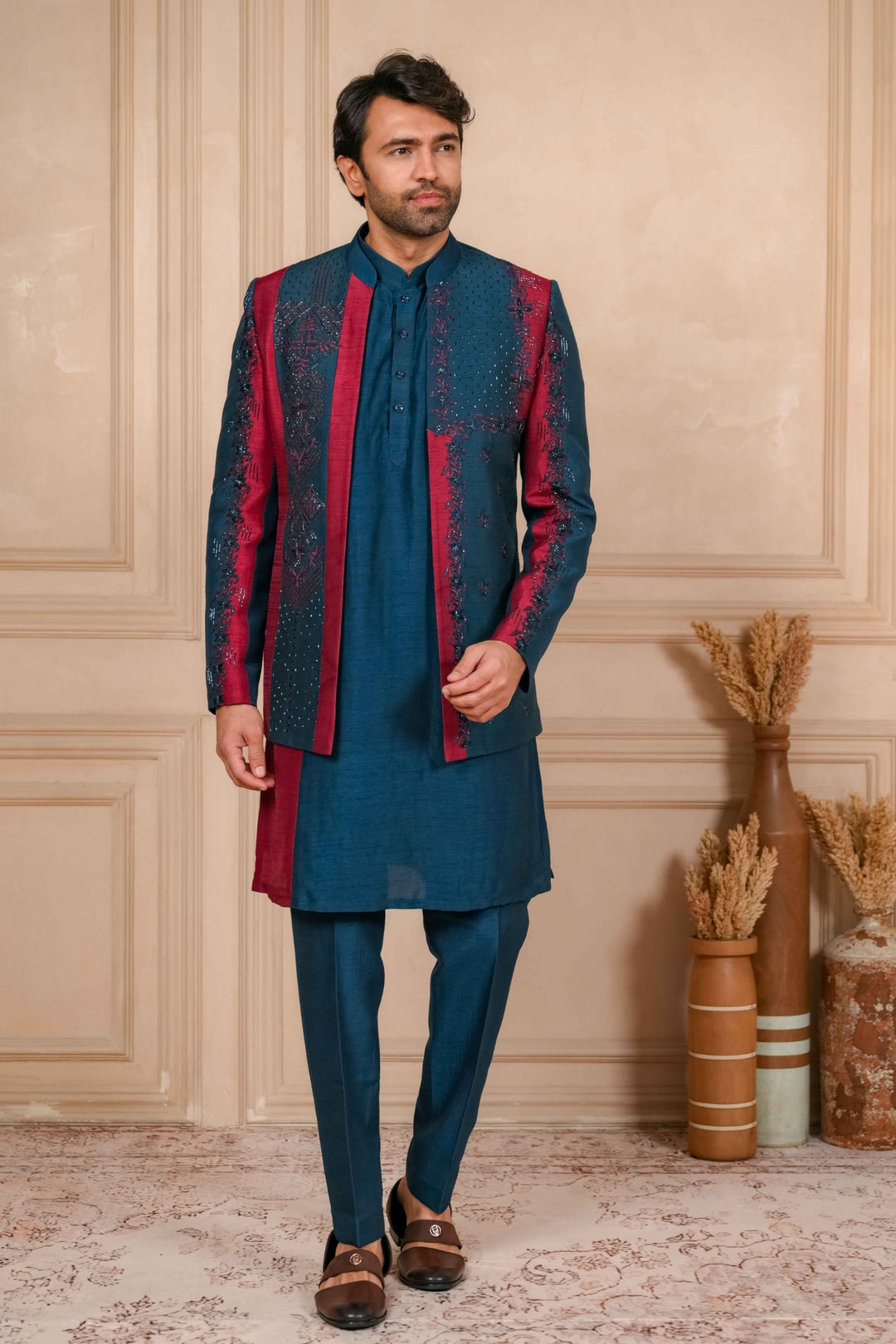 Oxford Blue And Red Jodhpuri Set