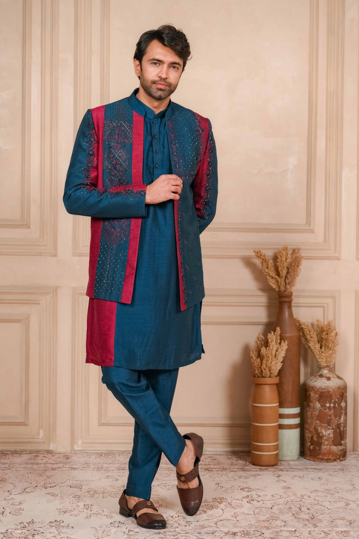 Oxford Blue And Red Jodhpuri Set