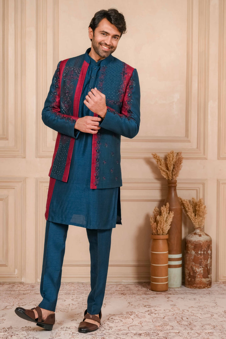 Oxford Blue And Red Jodhpuri Set