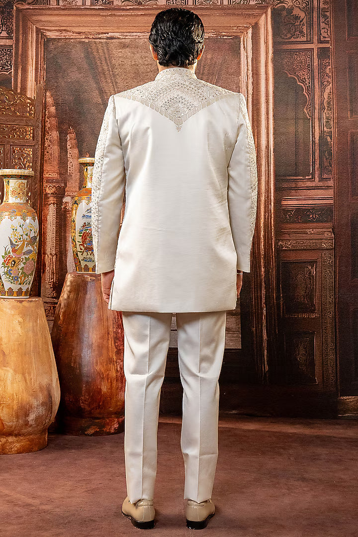 Peach Dupion Silk Mirror Work Open Indowestern Set