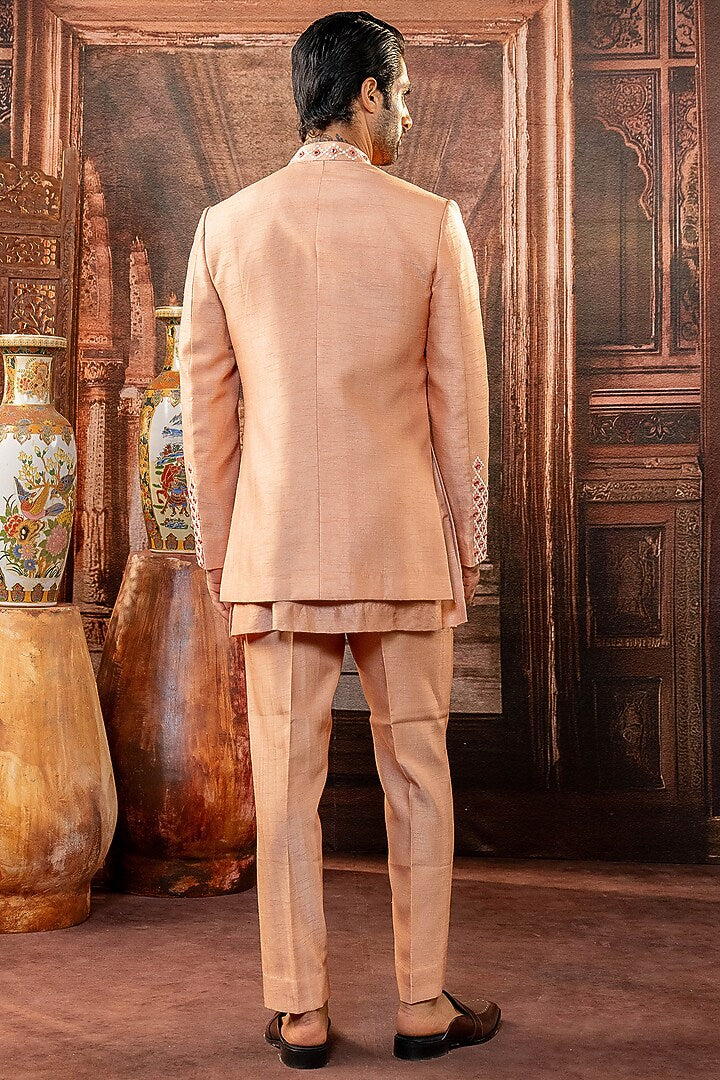 Peach Dupion Silk Mirror Work Open Indowestern Set – Image 4