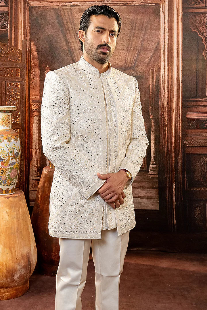 Peach Dupion Silk Mirror Work Open Indowestern Set – Image 1
