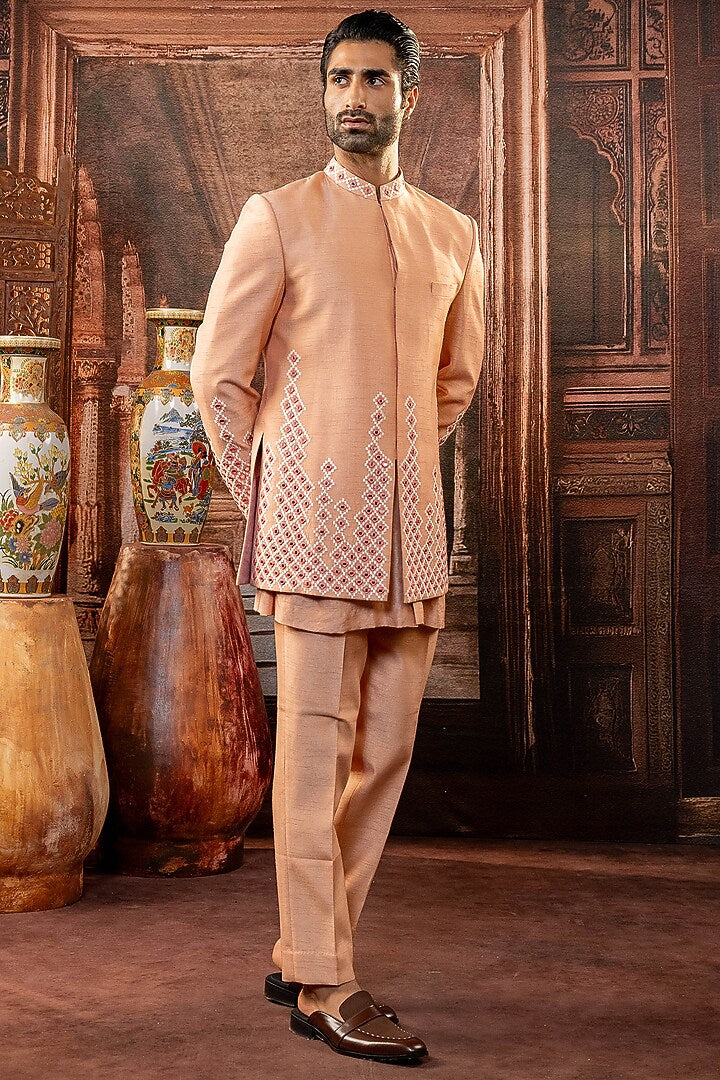 Peach Dupion Silk Mirror Work Open Indowestern Set