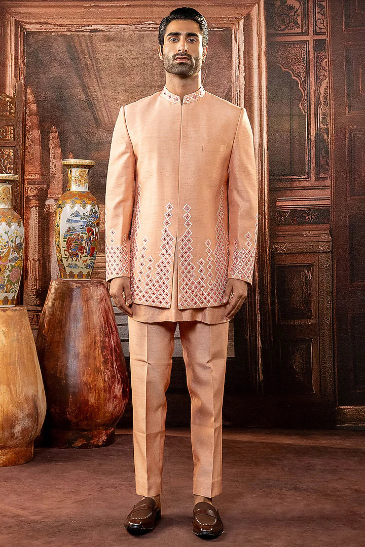 Peach Dupion Silk Mirror Work Open Indowestern Set