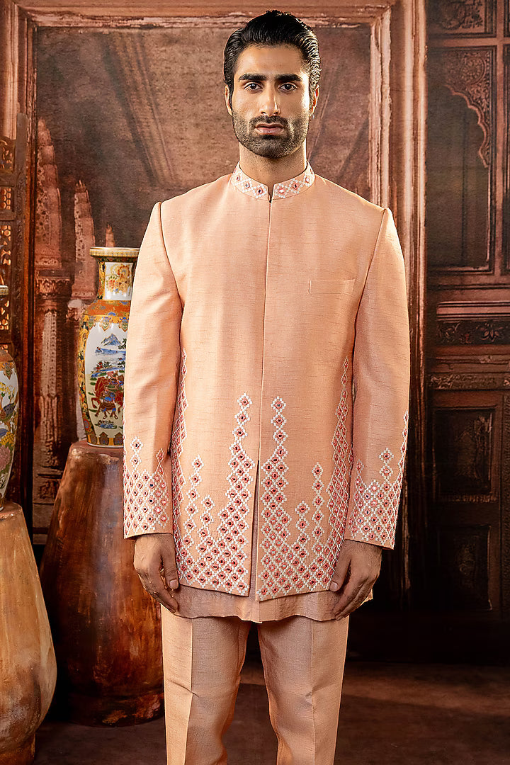 Peach Dupion Silk Mirror Work Open Indowestern Set – Image 3