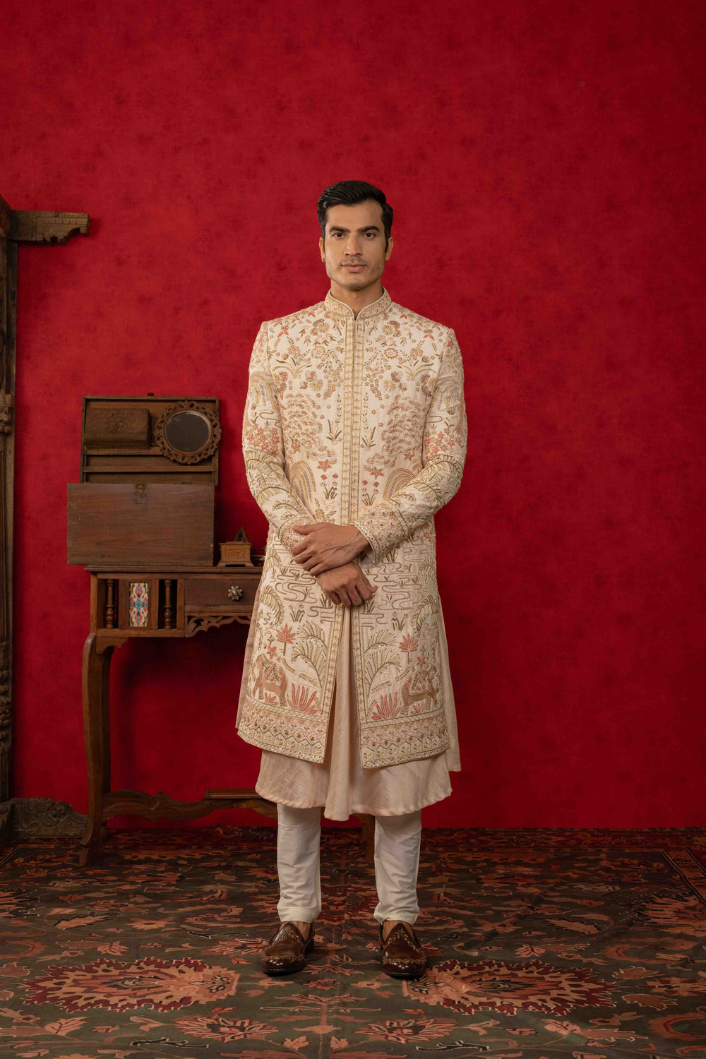 Peach Dust Sherwani with Zardosi and Moti Embroidery