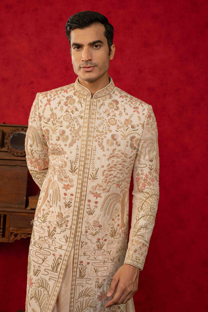 Peach Dust Sherwani with Zardosi and Moti Embroidery