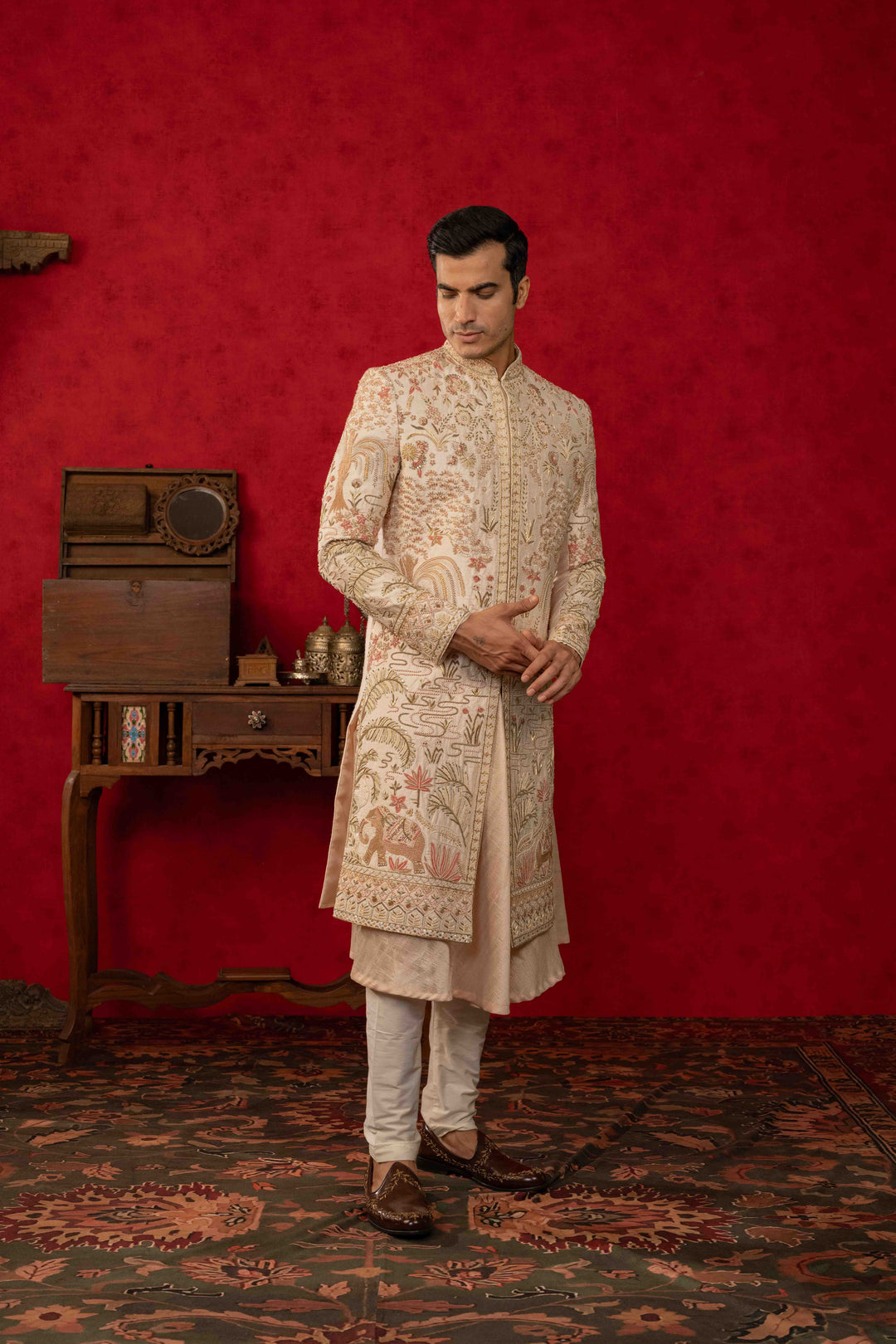 Peach Dust Sherwani with Zardosi and Moti Embroidery – Image 4