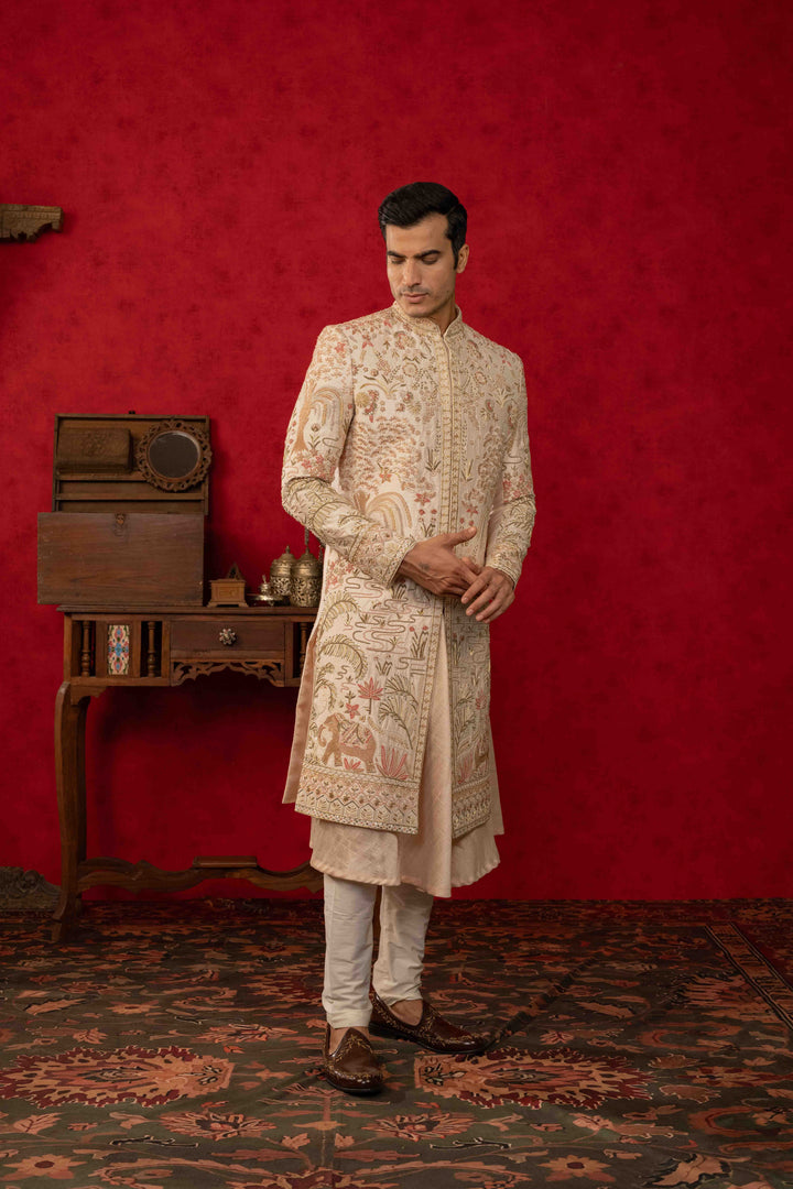 Peach Dust Sherwani with Zardosi and Moti Embroidery