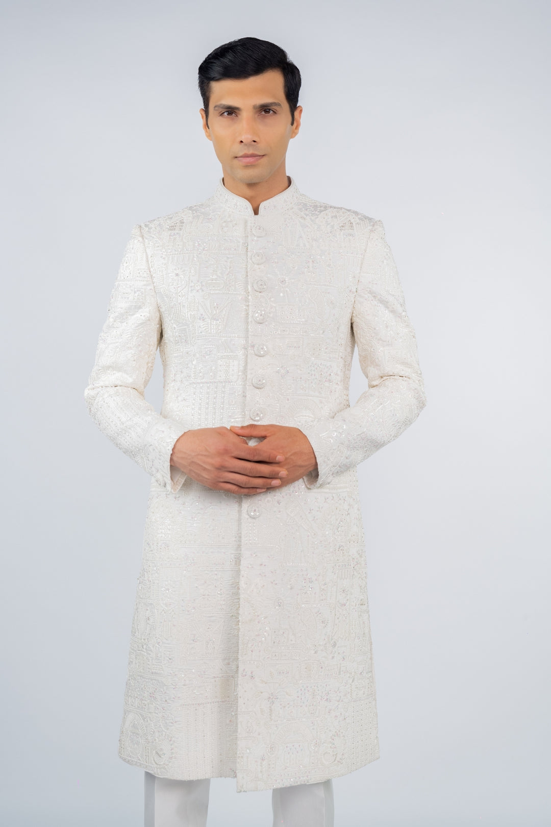 Pearl White Classic Sherwani – Image 3