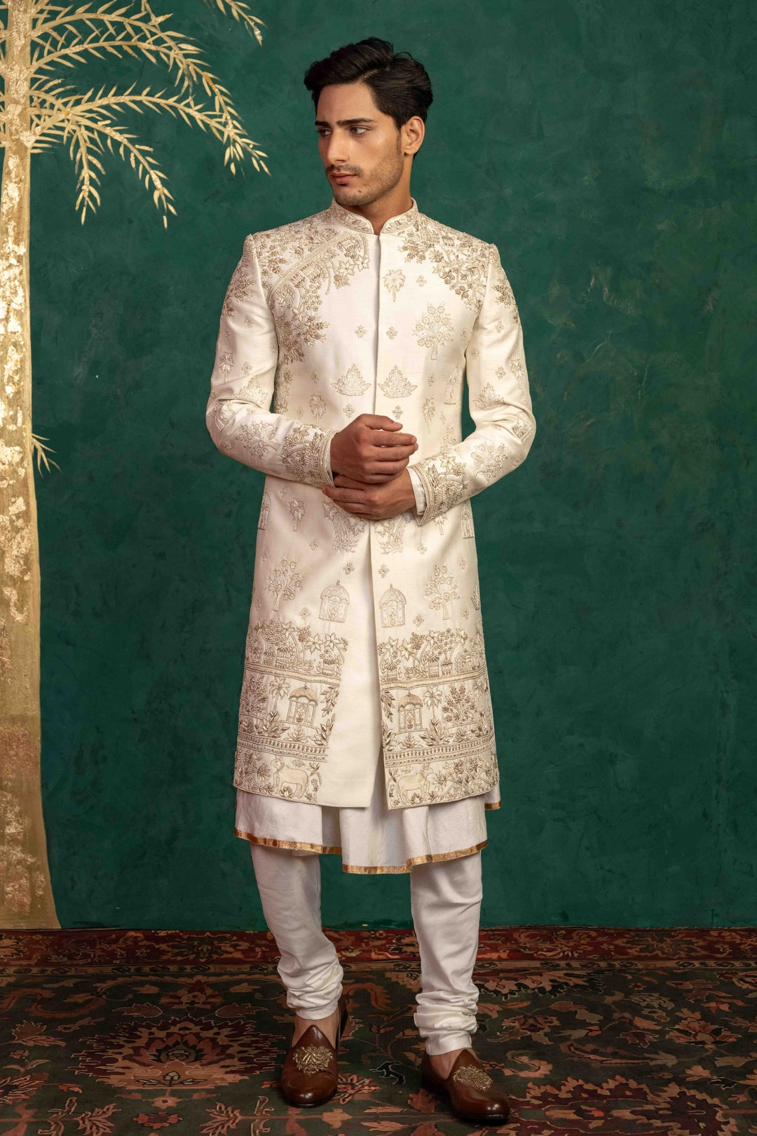 Pearl White Raw Silk Sherwani