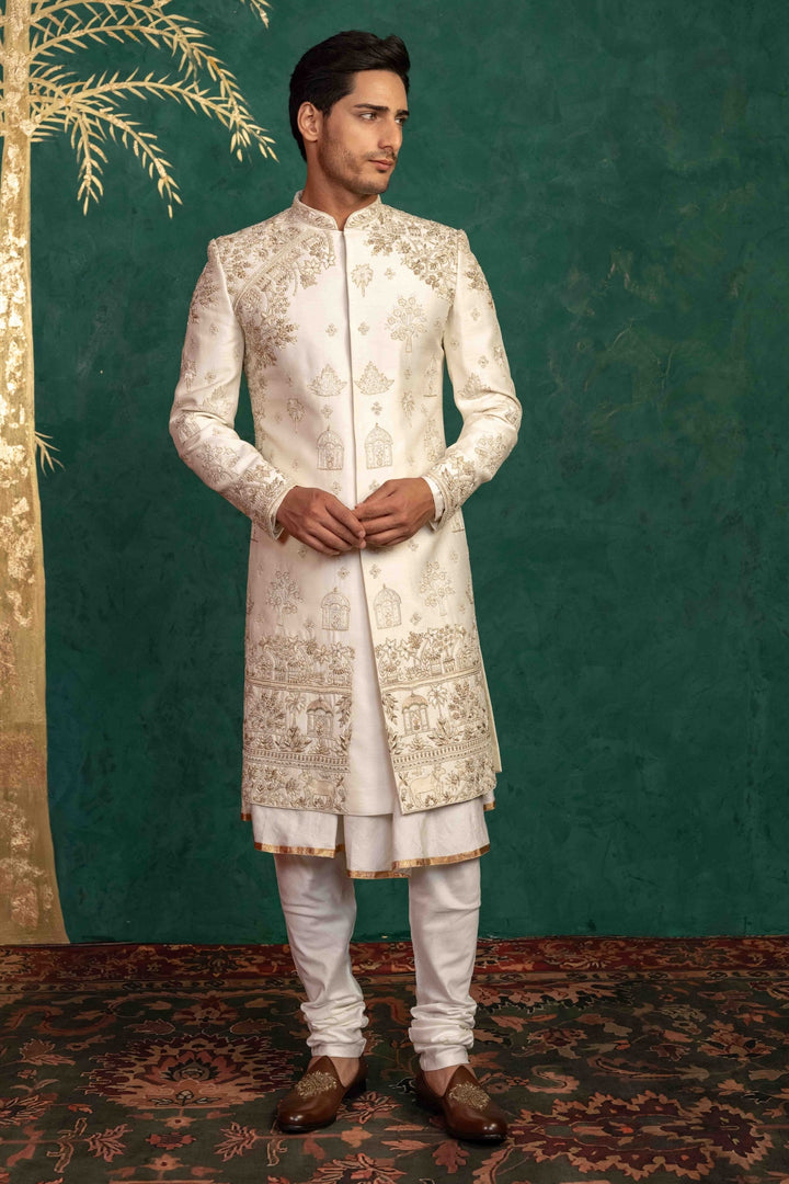Pearl White Raw Silk Sherwani