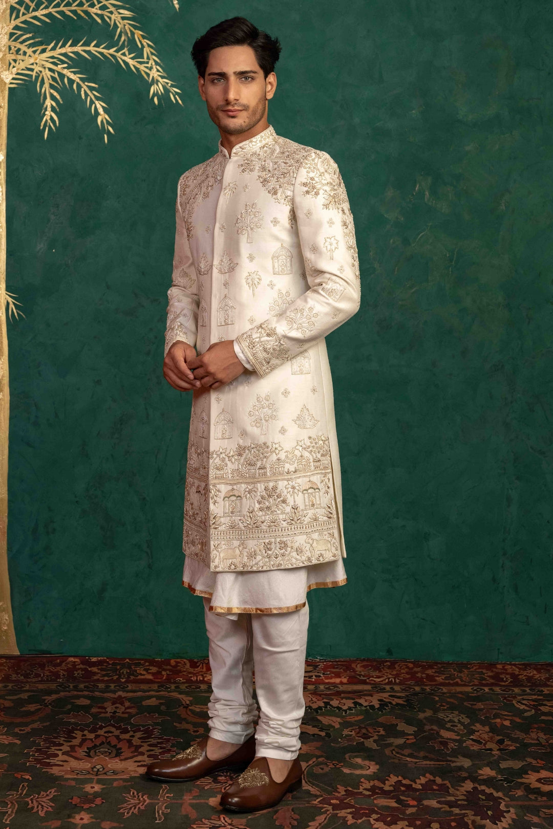 Pearl White Raw Silk Sherwani – Image 4