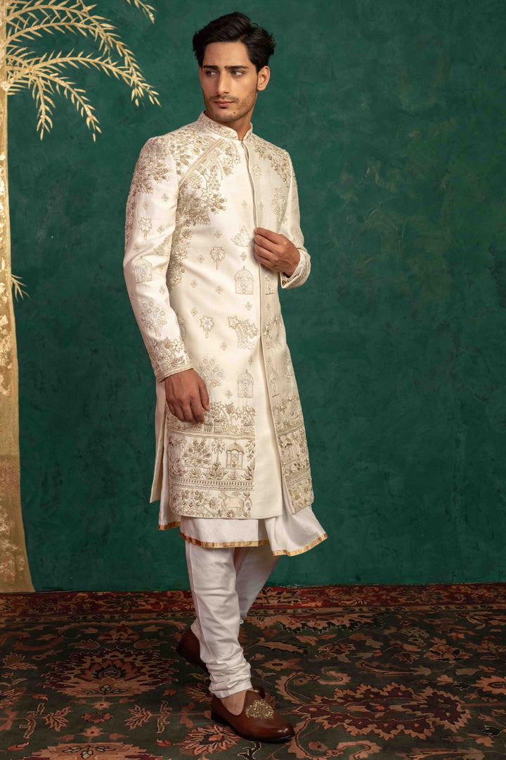 Pearl White Raw Silk Sherwani