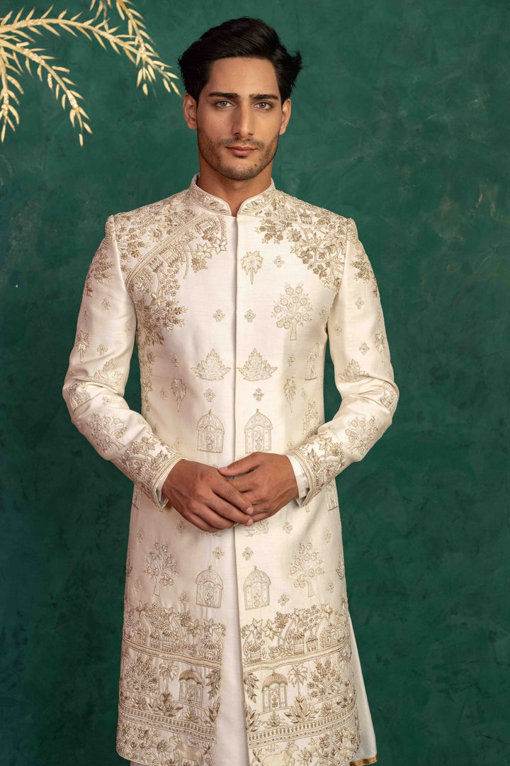 Pearl White Raw Silk Sherwani