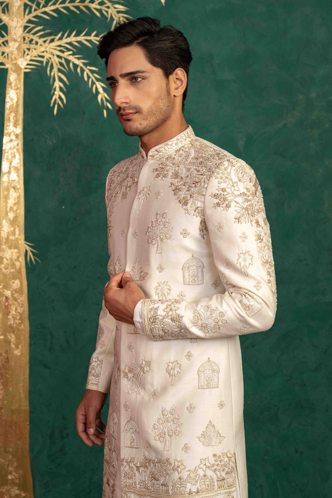 Pearl White Raw Silk Sherwani – Image 7