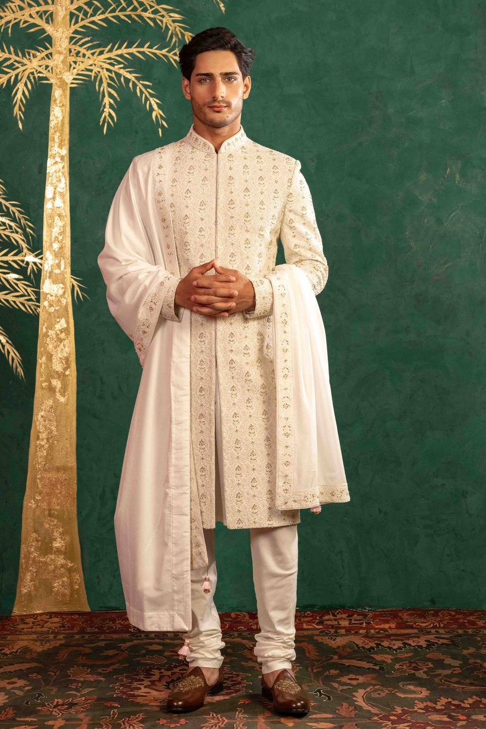 Pearl White Sherwani with Resham & Zardosi