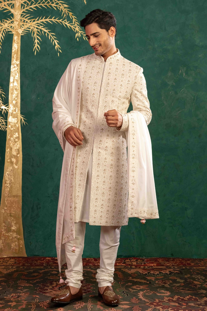 Pearl White Sherwani with Resham & Zardosi