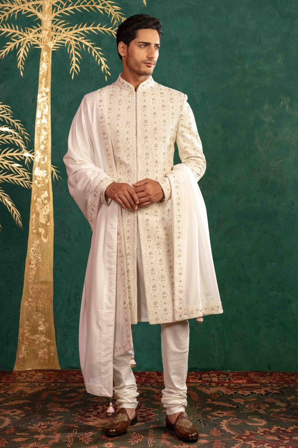 Pearl White Sherwani with Resham & Zardosi