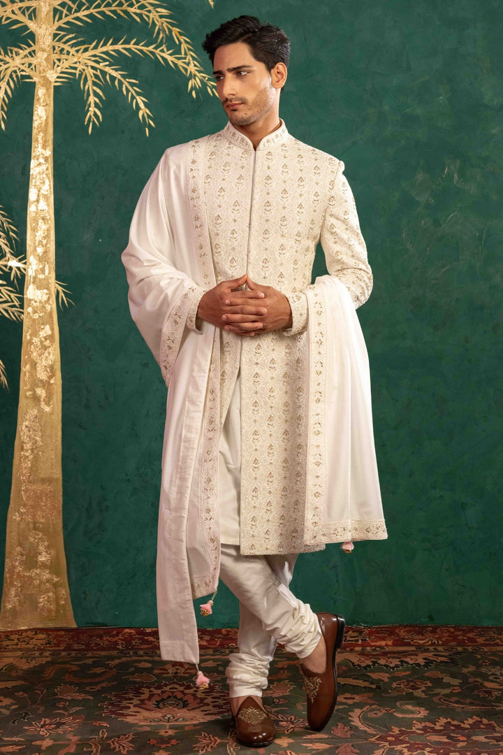 Pearl White Sherwani with Resham & Zardosi