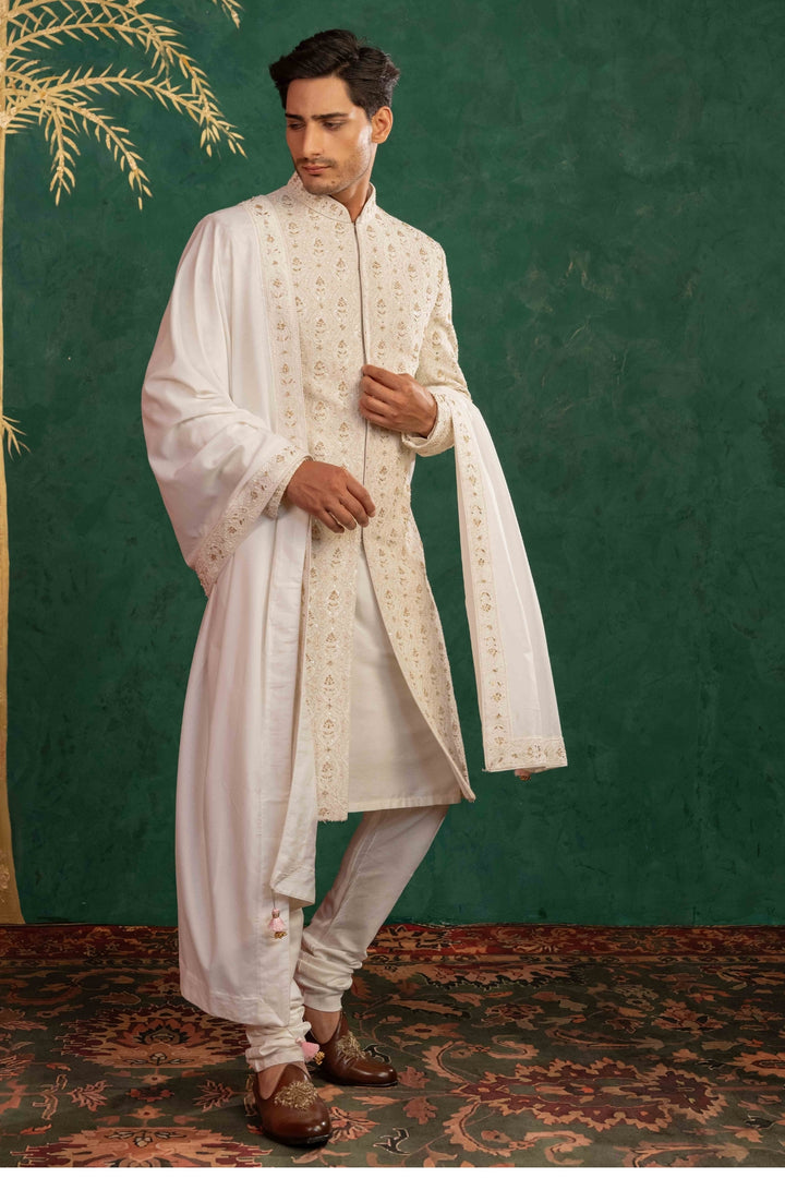 Pearl White Sherwani with Resham & Zardosi
