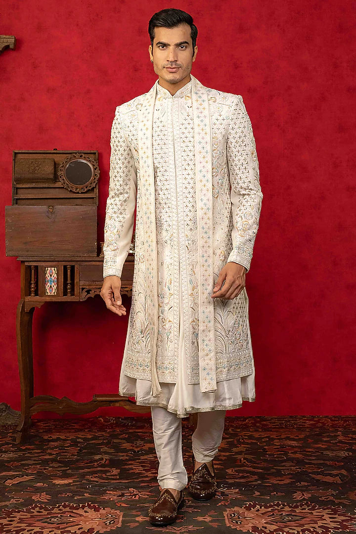 Pearl White Sherwani with Zardosi & Resham