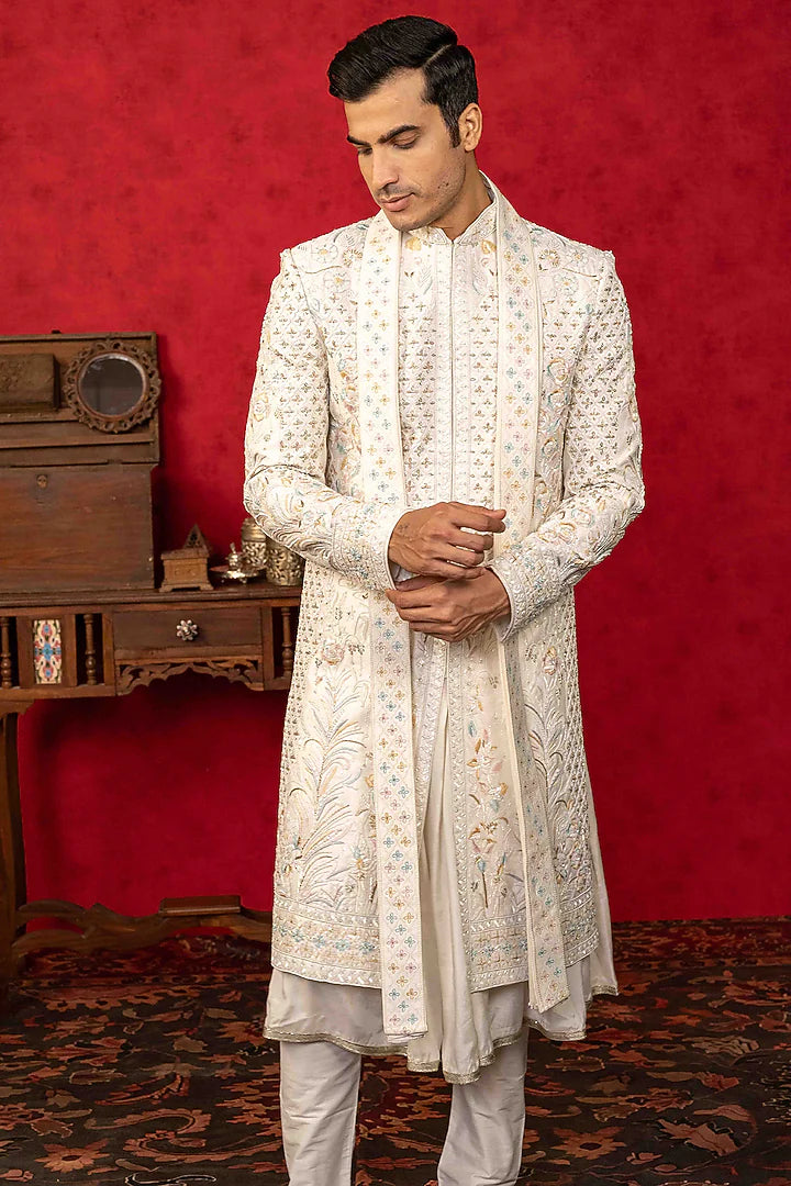 Pearl White Sherwani with Zardosi & Resham – Image 2