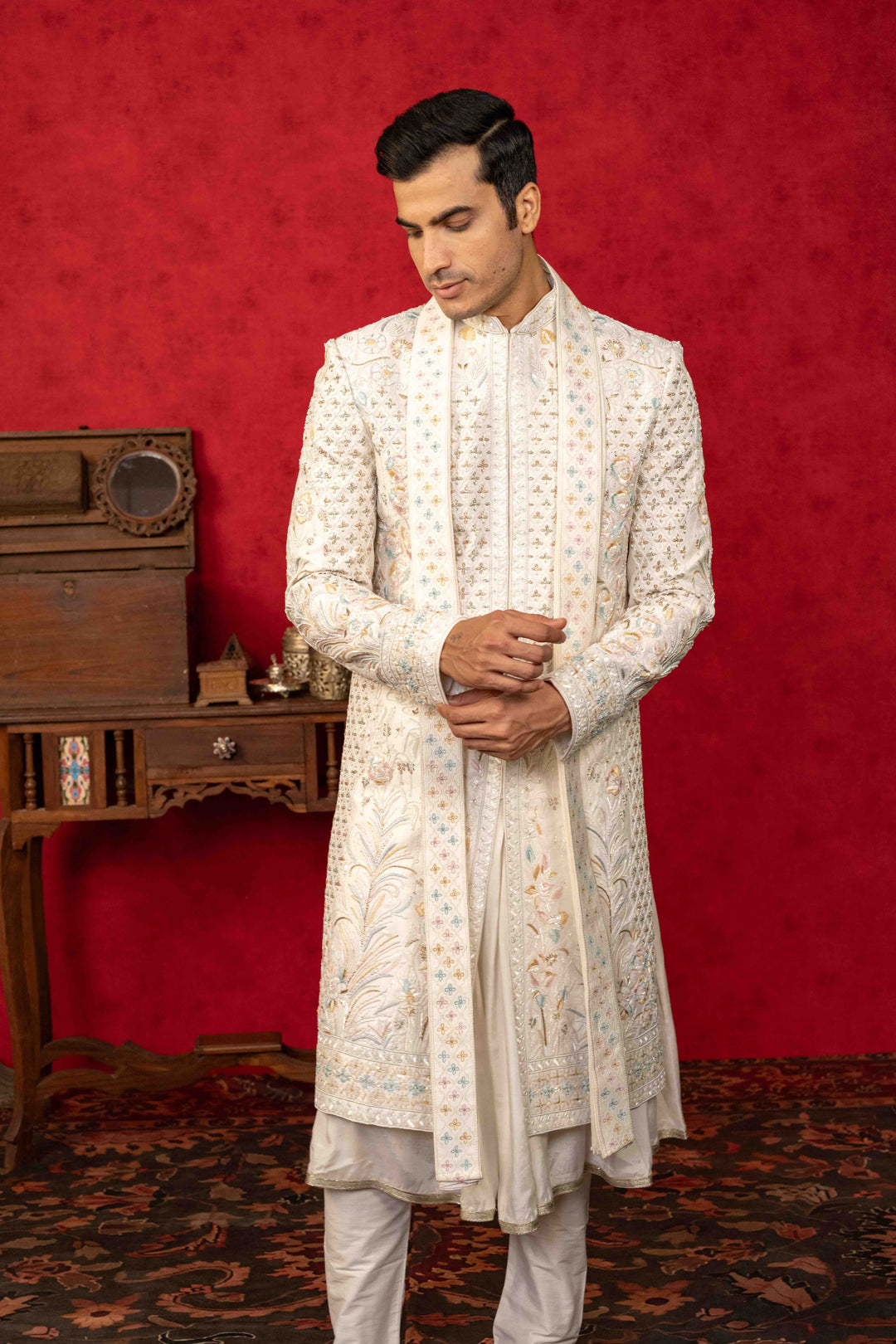 Pearl White Sherwani with Zardosi and Multicoloured Resham Embroidery
