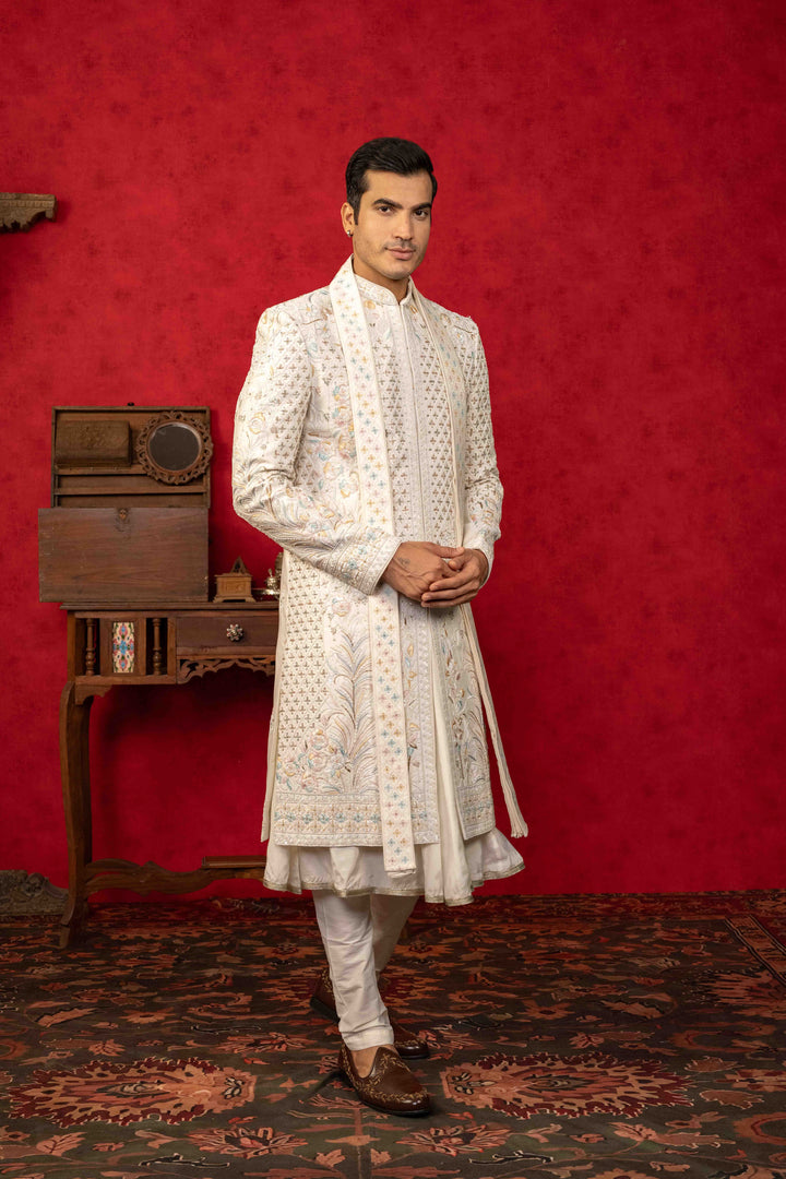 Pearl White Sherwani with Zardosi and Multicoloured Resham Embroidery