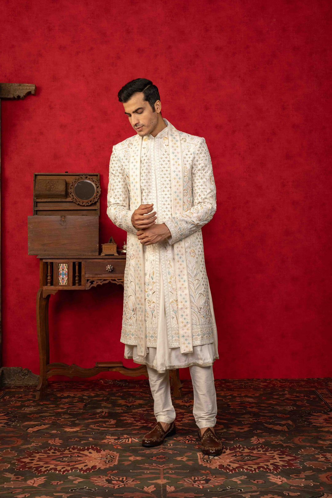 Pearl White Sherwani with Zardosi and Multicoloured Resham Embroidery – Image 3