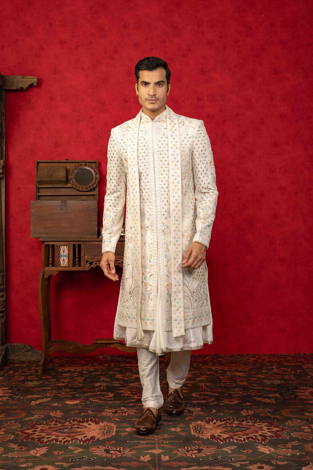 Pearl White Sherwani with Zardosi and Multicoloured Resham Embroidery
